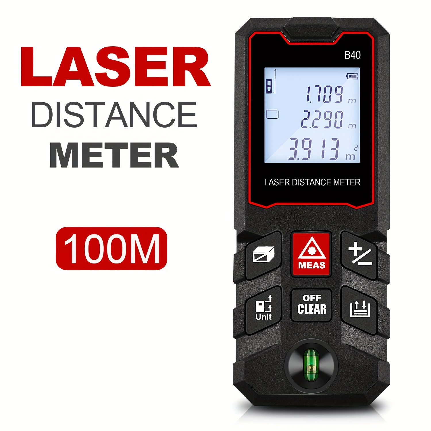 Laser Distance Meter With Bubble Level - 100M Digitaler Laser-Entfernungsmesser mit integriertem Wasserwaagen,