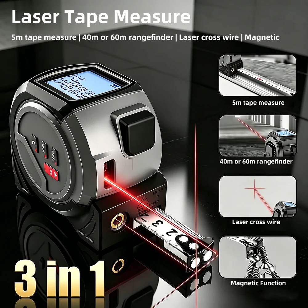 Laser Measure Area Volume Calculator - 3-in-1-Laser-Messband, 5 m Stahlband, 60 m